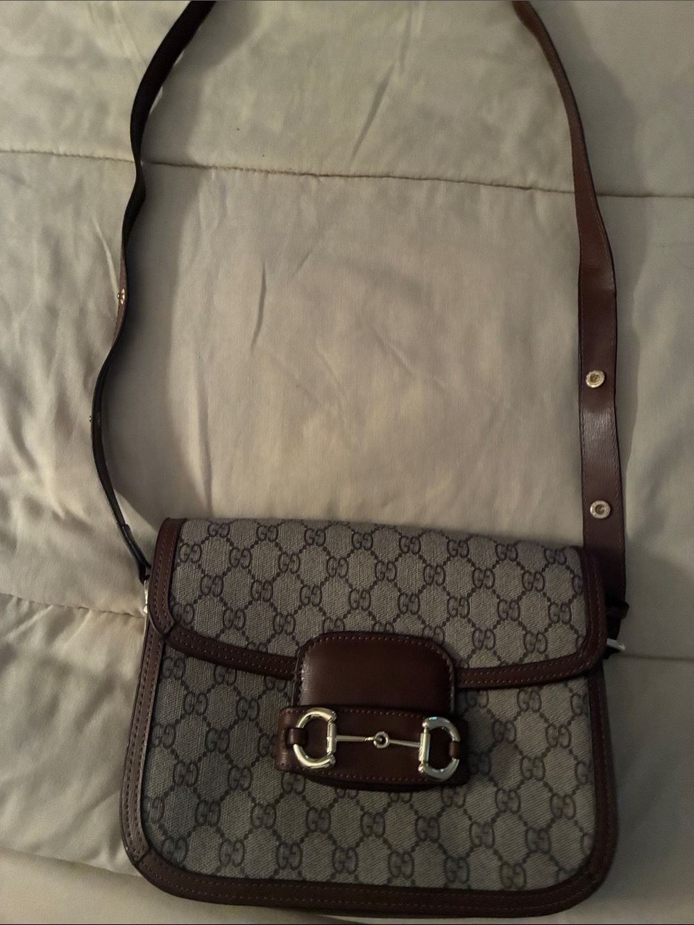 Beige Canvas and Brown Leather Crossbody with Gold Hardware